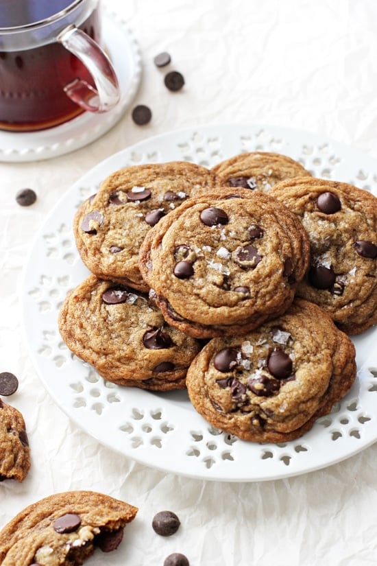 A white plate filled with Espresso Chocolate Chip Cookies.
