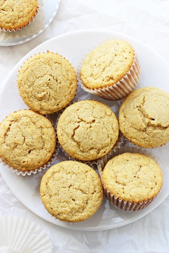 A white plate filled with Gluten and Dairy Free Cornbread Muffins.