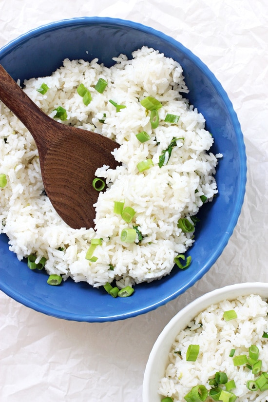 A blue bowl filled with Basmati Coconut Rice.