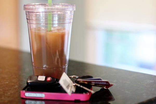 A to-go cup filled with Homemade Iced Coffee.