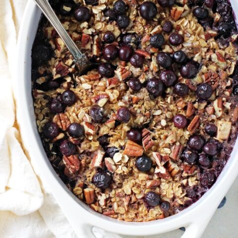 Wholesome and filling, this baked blueberry and apple oatmeal is a family favorite! Sweetened with maple syrup and packed with fresh fruit!