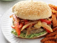 Moist and juicy pesto turkey burgers that will please even the biggest turkey skeptic! Topped with sauteed peppers and onions and a flavorful pesto mayo. Simple to make and perfect for summer!