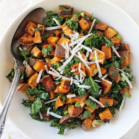 This roasted sweet potato salad is simple to make and packed with flavor! With toasted walnuts, kale, and a maple lime dressing!