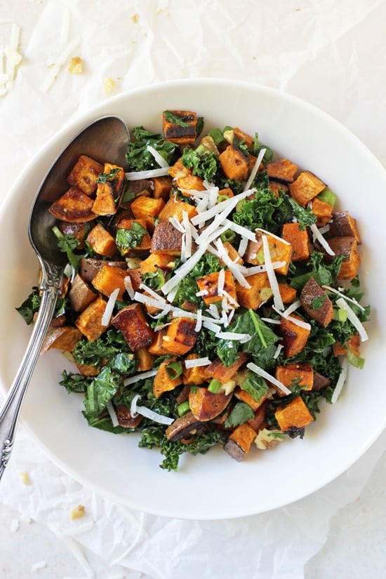 A white bowl filled with Roasted Sweet Potato Salad.