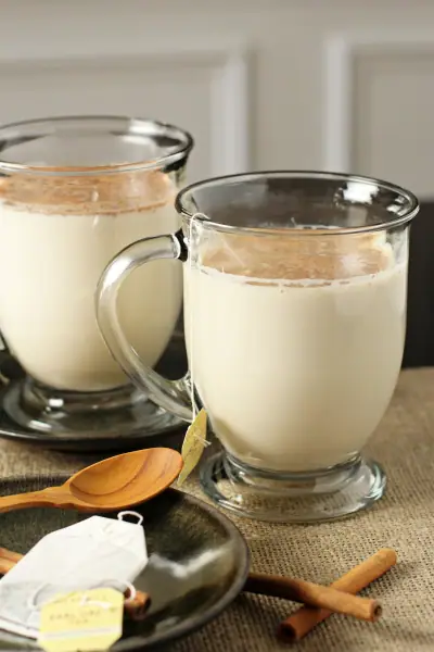 Two glass mugs filled with Earl Grey Tea Lattes.