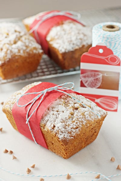 Three Eggnog Mini Loaves tied up with baking twine.