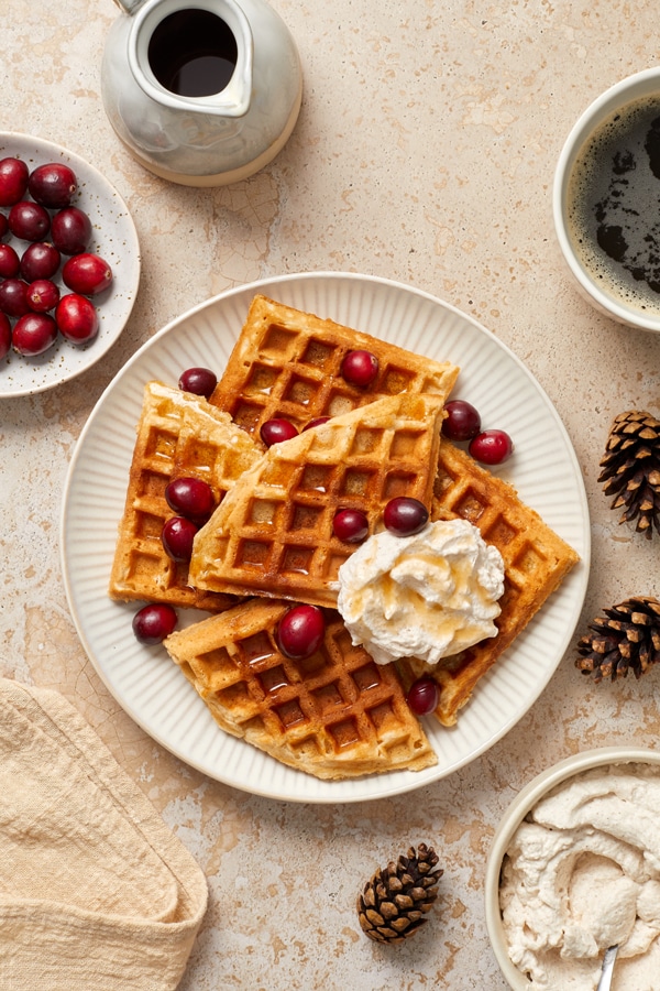 Christmas Breakfast Waffles on a plate with cranberries and whipped cream.