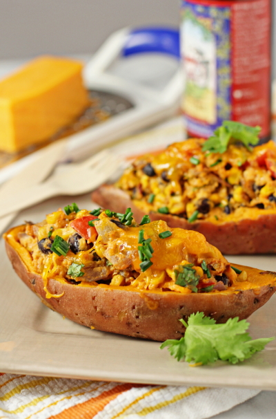 Several Mexican Sweet Potato Skins on a beige plate.