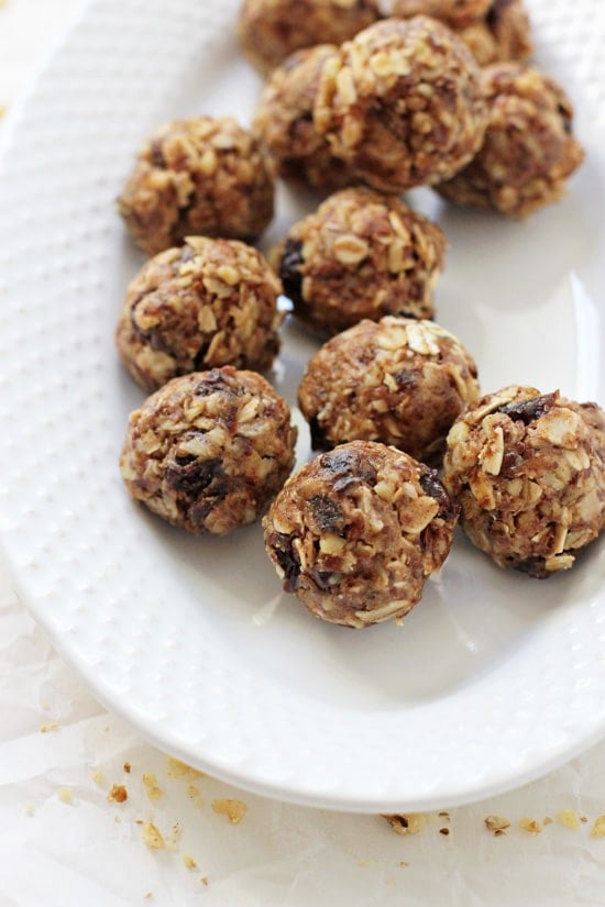 Several Oatmeal Energy Bites on a white serving platter.