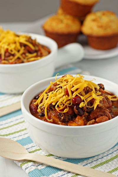 Two white bowls of Italian Sausage Chili.