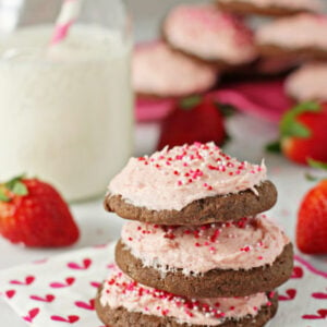 Soft chocolate sugar cookies with strawberry frosting
