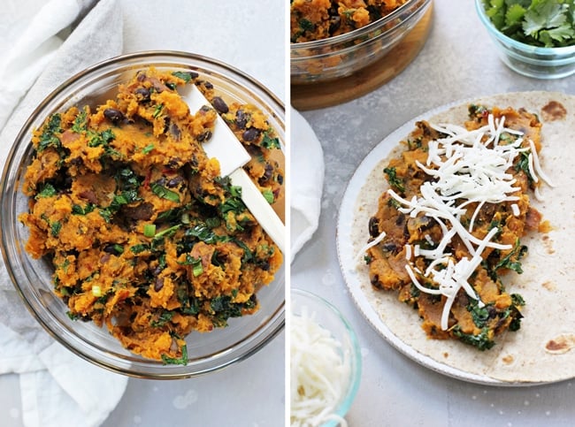 A glass bowl with sweet potato filling and then spread on a tortilla.