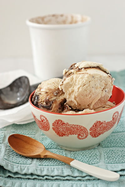 A colorful bowl filled with Coffee Frozen Yogurt.