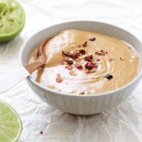 Just 15 minutes to this simple homemade peanut sauce! Filled with peanut butter, coconut milk, lime juice and fresh ginger! So flavorful & so much better than the stuff from the store!