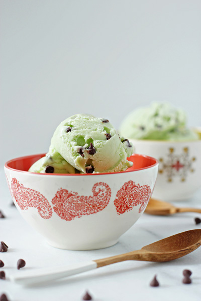 A colorful bowl filled with Fresh Mint Chocolate Chip Ice Cream.
