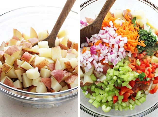 A glass mixing bowl filled with red potatoes, and then potatoes plus colorful veggies.