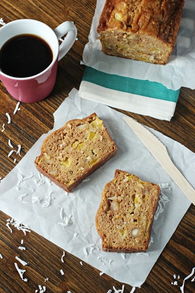 Two slices of Mango and Coconut Bread with a cup of coffee.