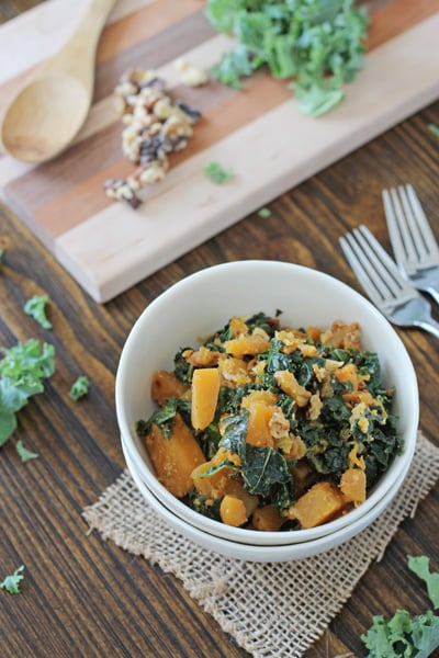 Mustardy Kale and Butternut Squash in a white bowl.
