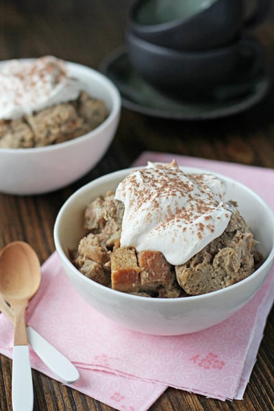 Two white bowls of Tiramisu Bread Pudding.