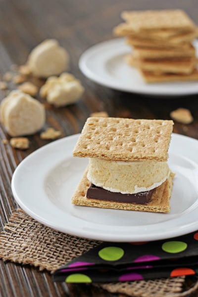 An assembled s'more with a Pumpkin Marshmallow on a white plate.
