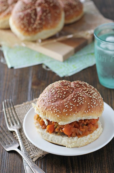 A Vegetarian Farro Sloppy Joe on a white plate.