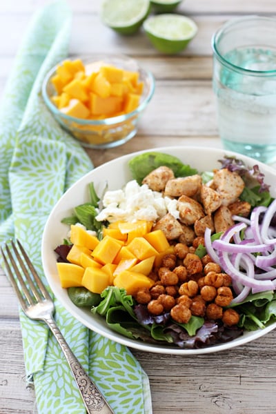 A white bowl filled with Chicken and Chickpea Salad.