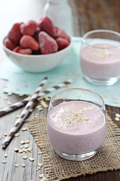 Two glasses filled with Strawberry Chia Smoothie.