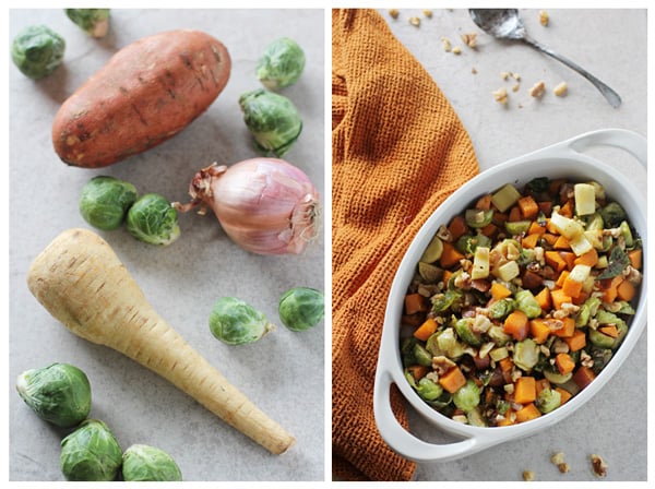 Fresh brussels sprouts, sweet potatoes and parsnips, and a dish of Maple Roasted Veggies.