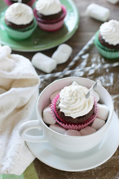 A Chocolate Almond Flour Cupcake in a coffee mug with marshmallows.