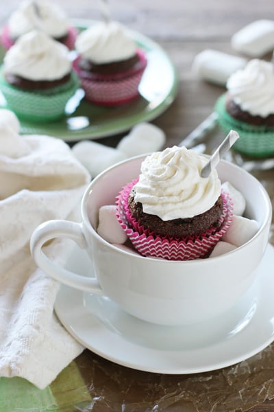 A Gluten Free Chocolate Cupcake in a coffee mug with marshmallows.