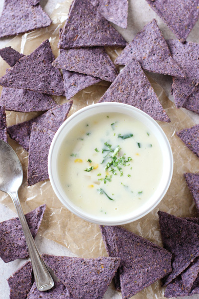 A white bowl of Fontina Cheese Dip with blue corn tortilla chips scattered around.