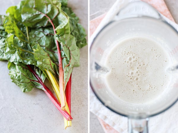 A bunch of swiss chard and a blender with cashew cream.