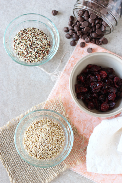 Small bowls filled with whole grains, dried cranberries and chocolate chips.