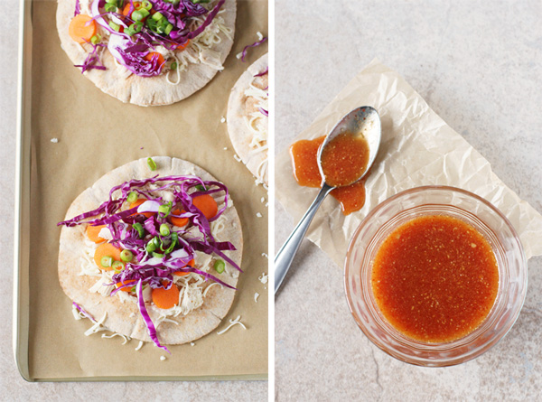 Unbaked Pita Bread Pizzas on a baking sheet and sweet & spicy sauce in a glass bowl.