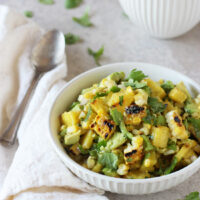 Recipe for grilled corn and pineapple salsa. A simple, sweet and savory salsa perfect for snacking, on tacos, or however you like!