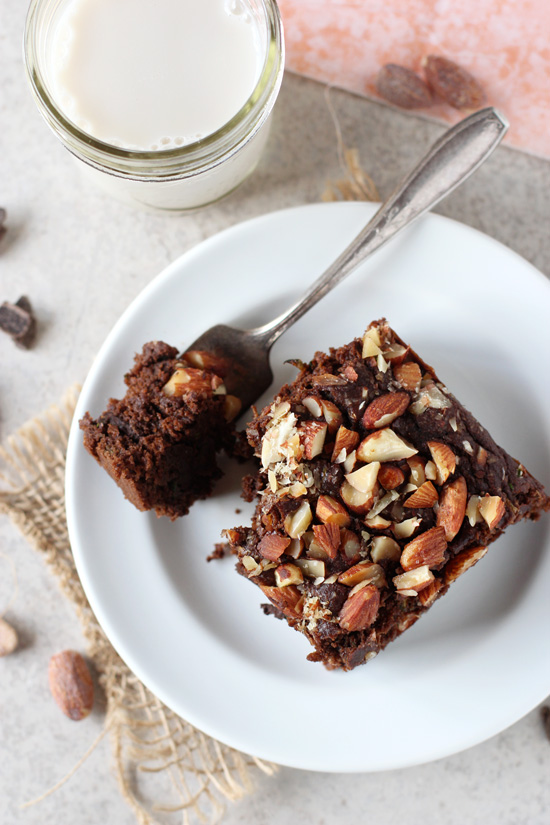 A slice of Healthy Chocolate Zucchini Bread on a plate with a bite taken out with a fork.