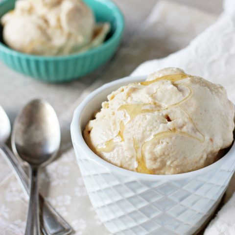 Recipe for homemade honey peanut butter ice cream. Creamy, decadent and infused with plenty of peanut butter and honey flavor!