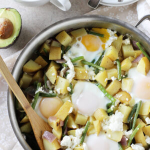 Recipe for potato, green bean and goat cheese breakfast skillet. Made all in one dish and on the table in 35 minutes or less!