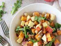 Recipe for apple cheddar meal bowls. A simple dish filled with roasted sweet potato, chickpeas, pecans and a honey dijon vinaigrette!