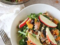 Recipe for harvest sweet potato and brown rice salad. With roasted sweet potatoes, brown rice, sliced apple, crunchy pecans and a simple maple dressing!
