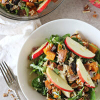 Recipe for harvest sweet potato and brown rice salad. With roasted sweet potatoes, brown rice, sliced apple, crunchy pecans and a simple maple dressing!