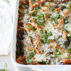 Recipe for kale and eggplant baked ziti. A comforting pasta dish filled with veggies! With a simple homemade sauce and plenty of cheese!