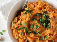 Recipe for savory mashed sweet potatoes! Perfect for thanksgiving or colder weather! Filled with green onion, parmesan, walnuts and a touch of cilantro!