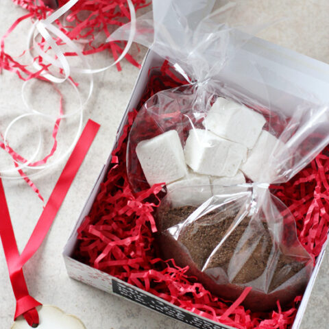 Recipe for homemade hot chocolate gift packages! A fun and festive treat to give to friends and family during the holidays!