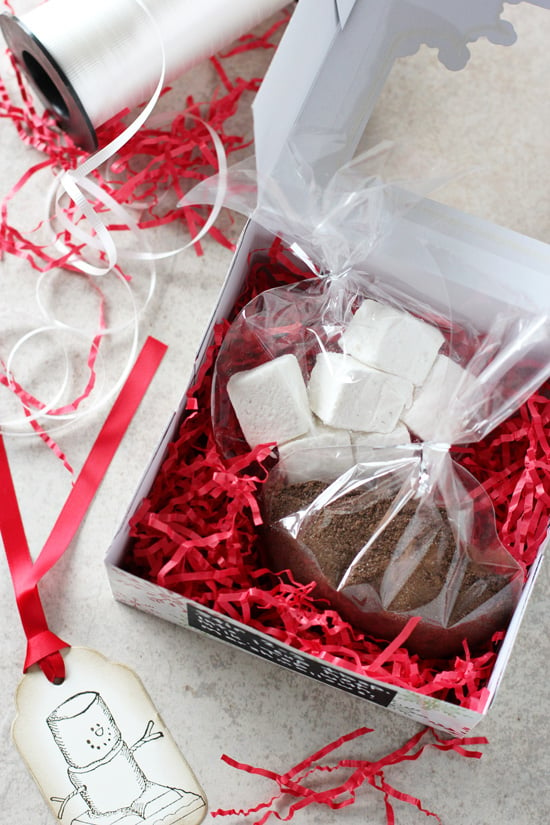 A Homemade Hot Chocolate Gift Package on a white surface with ribbon to the side.