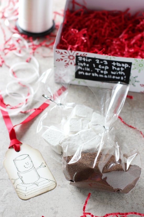 Homemade marshmallows and hot chocolate mix packaged up in clear bags.