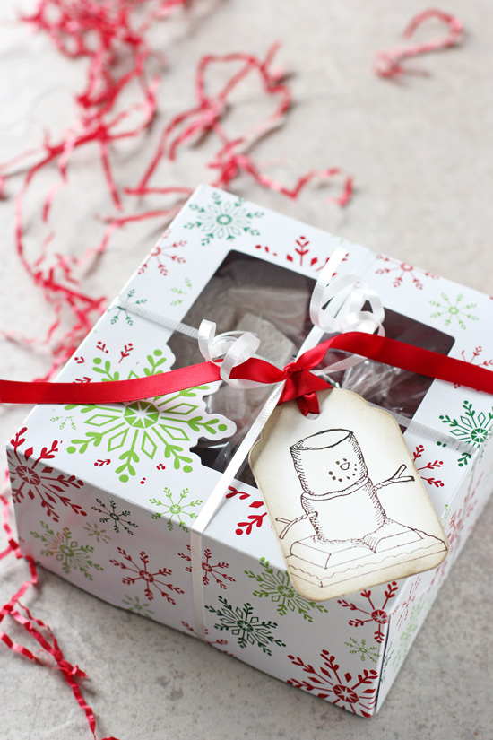 A DIY Hot Chocolate Gift wrapped up and set on a white surface.