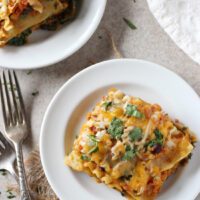 Recipe for easy sweet potato, black bean and kale lasagna. A mexican-spin on lasagna with sweet potato puree, plenty of spices and cheese!