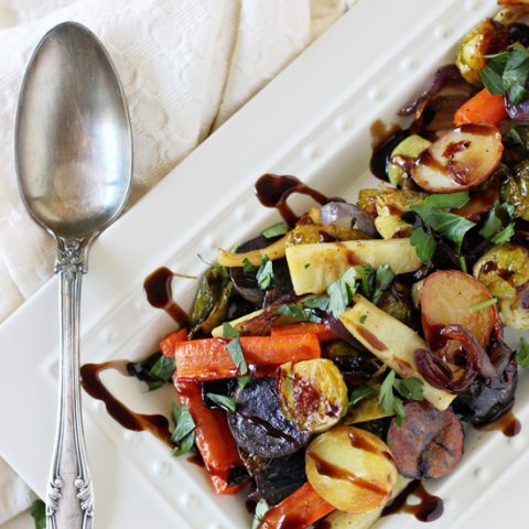 Flavorful and caramelized honey balsamic roasted vegetables! A simple and healthy side dish recipe filled with a variety of veggies!
