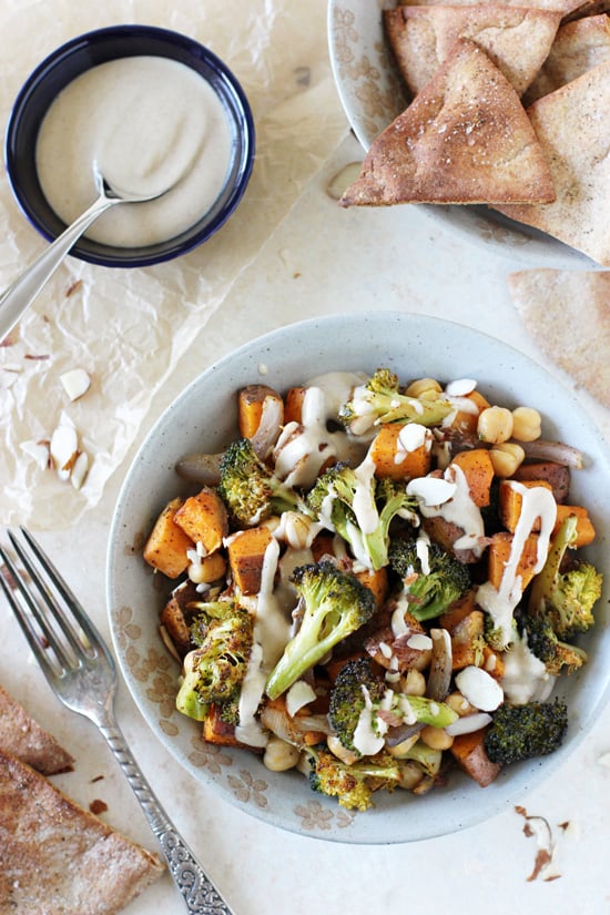 A grey dish filled with Sweet Potato, Broccoli and Chickpea Bowls.